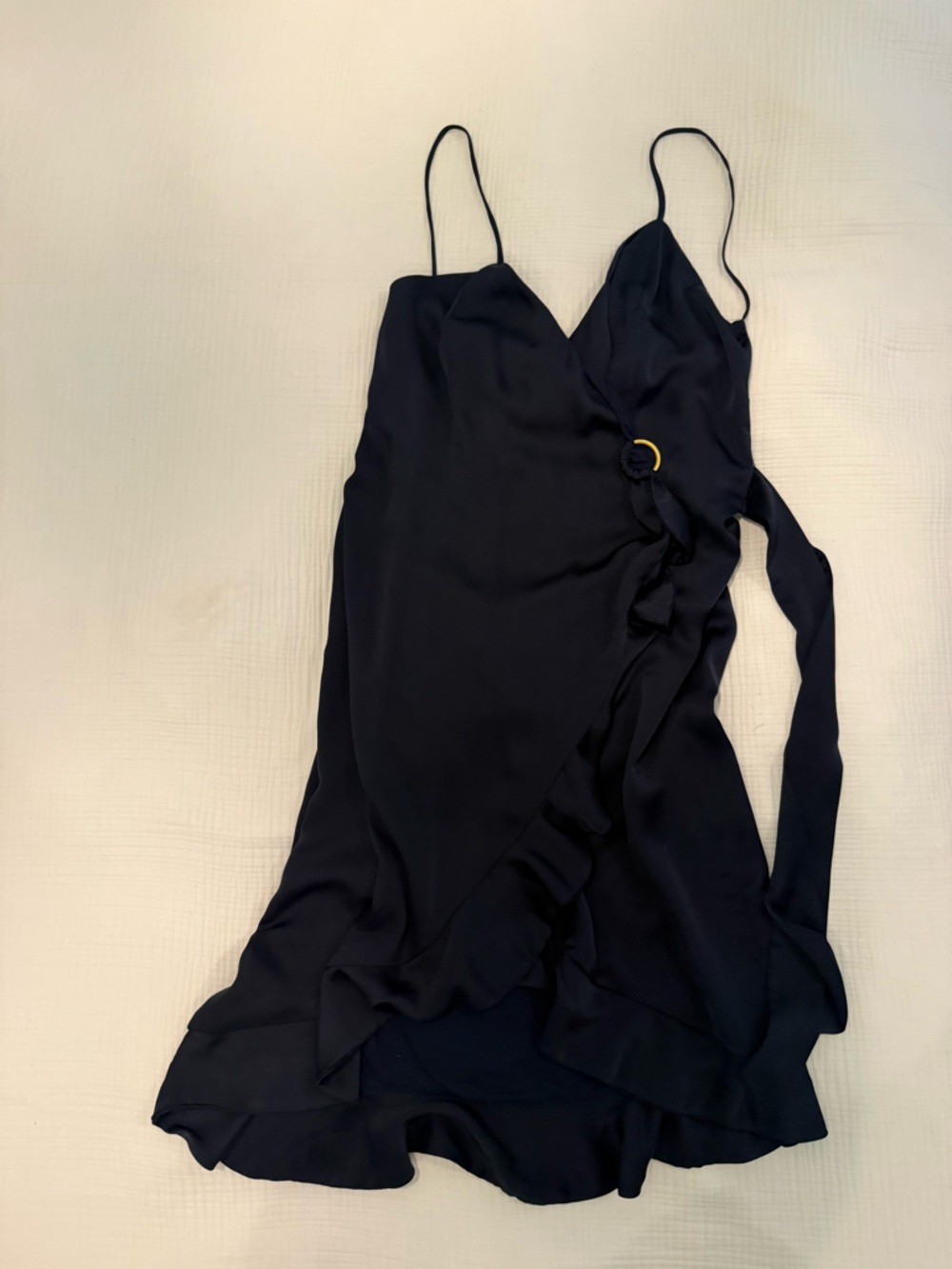 Sleek Navy Wrap Slip Dress with Gold Ring Detail